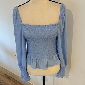 Shinestar Light Blue Smocked Blouse Long Sleeved Top Cropped Boho XL